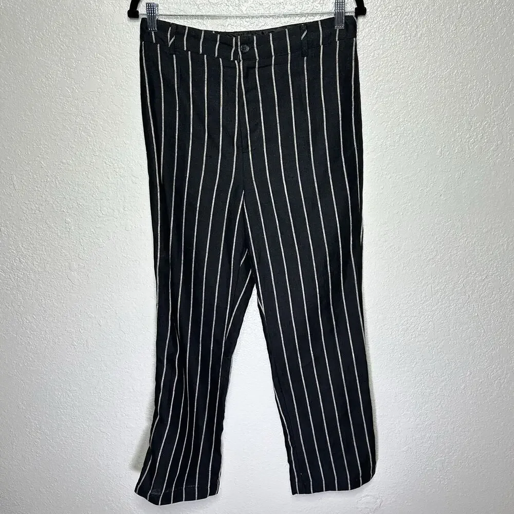 Reformation Frankie Pants Luciano Stripe Linen Straight Black White Women 10